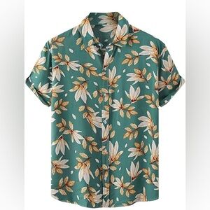 SHEIN Green and White Casual Button Down Shirt with Tropical Print